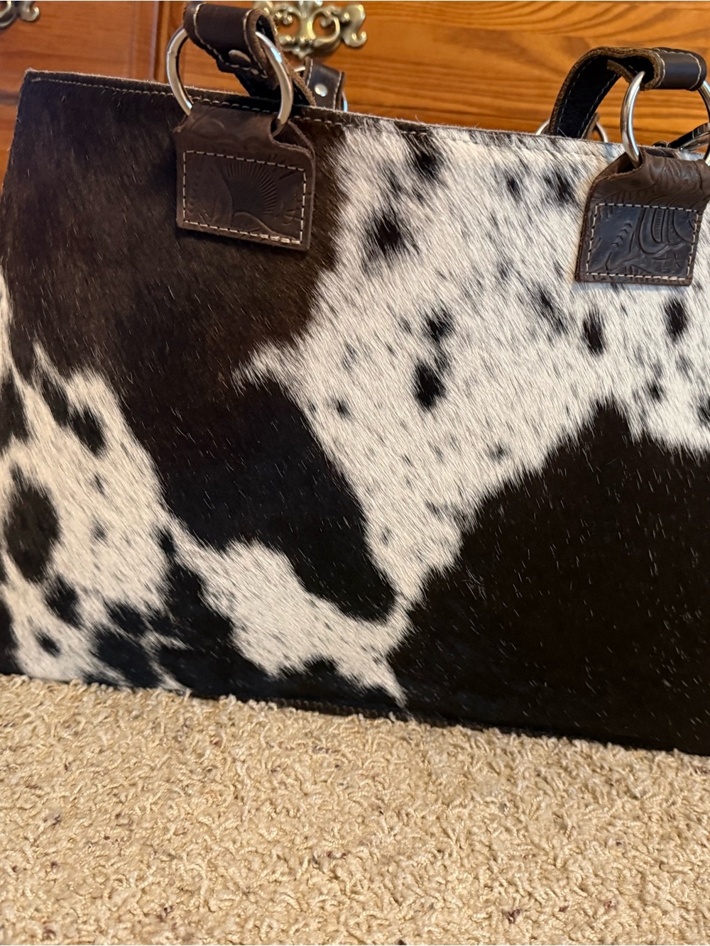 Holy Cow Couture Brown&White Cowhide Leather Tote Bag - Get Outa Dodge Tote$400